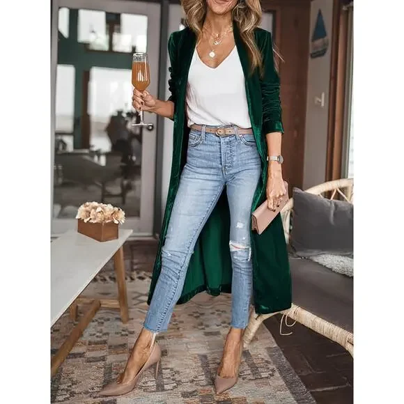 Velvet Open Front Long Cardigan in Green - Picture 4 of 6